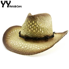 Ручная работа полый Соломенная Панама для женщин Летняя ковбойская Кепка в западном стиле мужские черные бусы ковбойская шляпа Gorras Para Hombre Vaquera YY18101