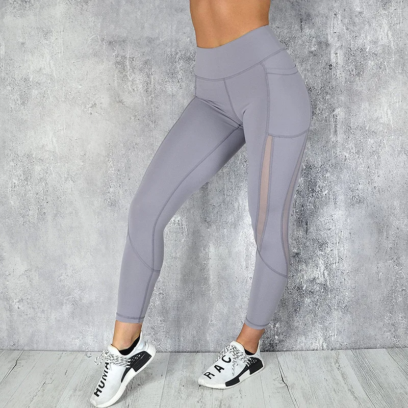  New Yoga Leggings Mesh Stitching Fitness Push Up Leggings Women Elastic Sport Leggins Workout Side Pocket Sexy Pencil Pant