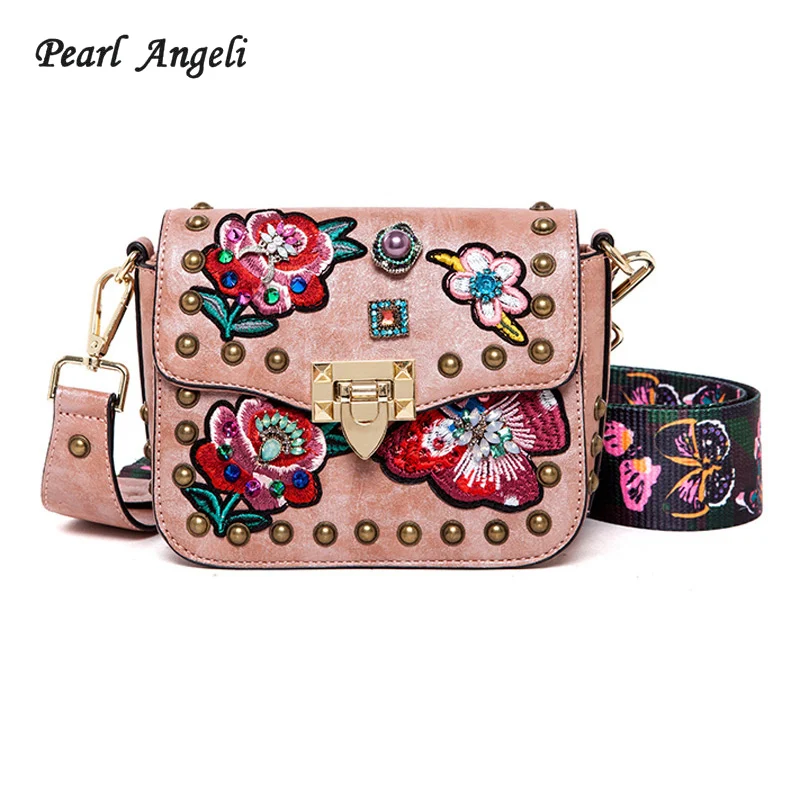 

Pearl Angeli Retro Women Luxury Handbag with Lock Pearl Flower Embroidery Rivet Crystal Ladies Shoulder Bag Bolsa Feminina