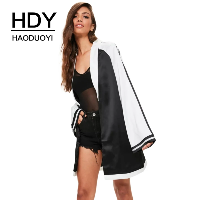 

HDY Haoduoyi Brand Women Black White Patchwork Embroidery Jackets Long Sleeve Open Stitch Stripe Sleeve Female Casual Coats Lady
