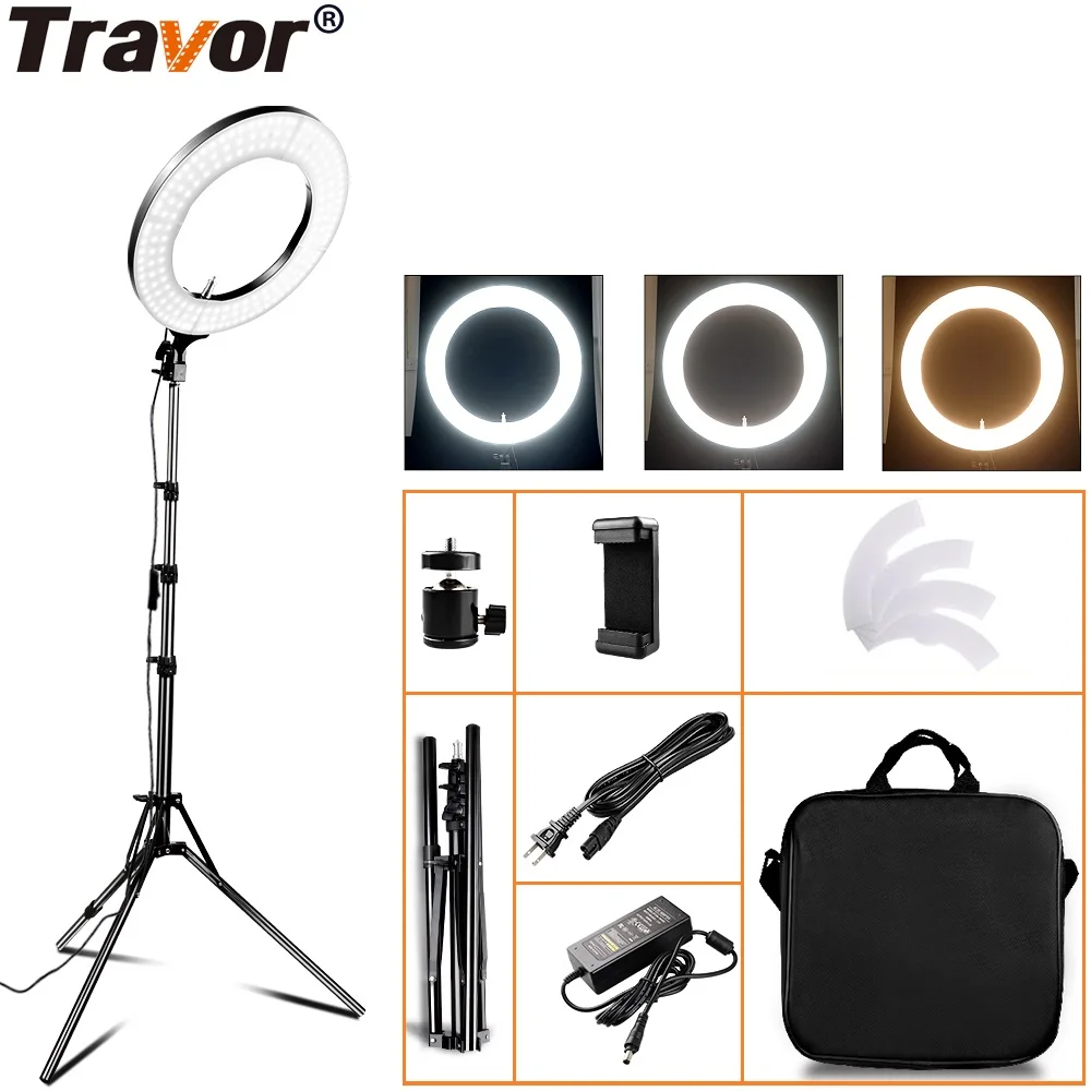 Goedkoop Travor RL 14A Ring LED Light Dimbare Bi kleur 3200 k 5600 k amp; Statief Studio Ringvormige Lamp Voor make up fotografie Verlichting