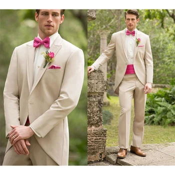 

Beige Long Blazer Masculino Slim Fit Mens Suits Custom Made Wedding Groom 2020 costume homme Groomsman men suit