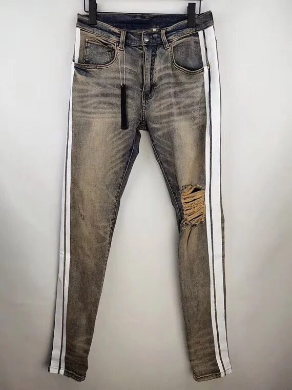 men side white stripe skinny broken track jeans