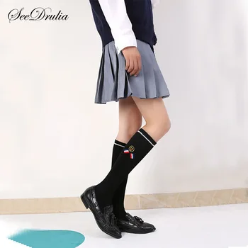

Warm Cotton Black Solid Color Embroidery Printing Stocking Women Thigh High Knee Long Stockings for School Girls Non-slip