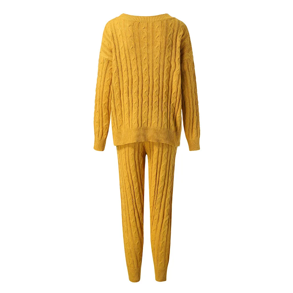 S-3XL Two piece set women's off-the-shoulder solid color suit sweater 2PC cable knit warm casual wear suit