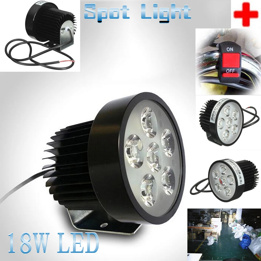 

Motorcycle Fog Light Handlebar Super Bright 18w 6 LED Electric Bike Headlight Work Light Night Driving Spot Lamp + ON/OFF Switch