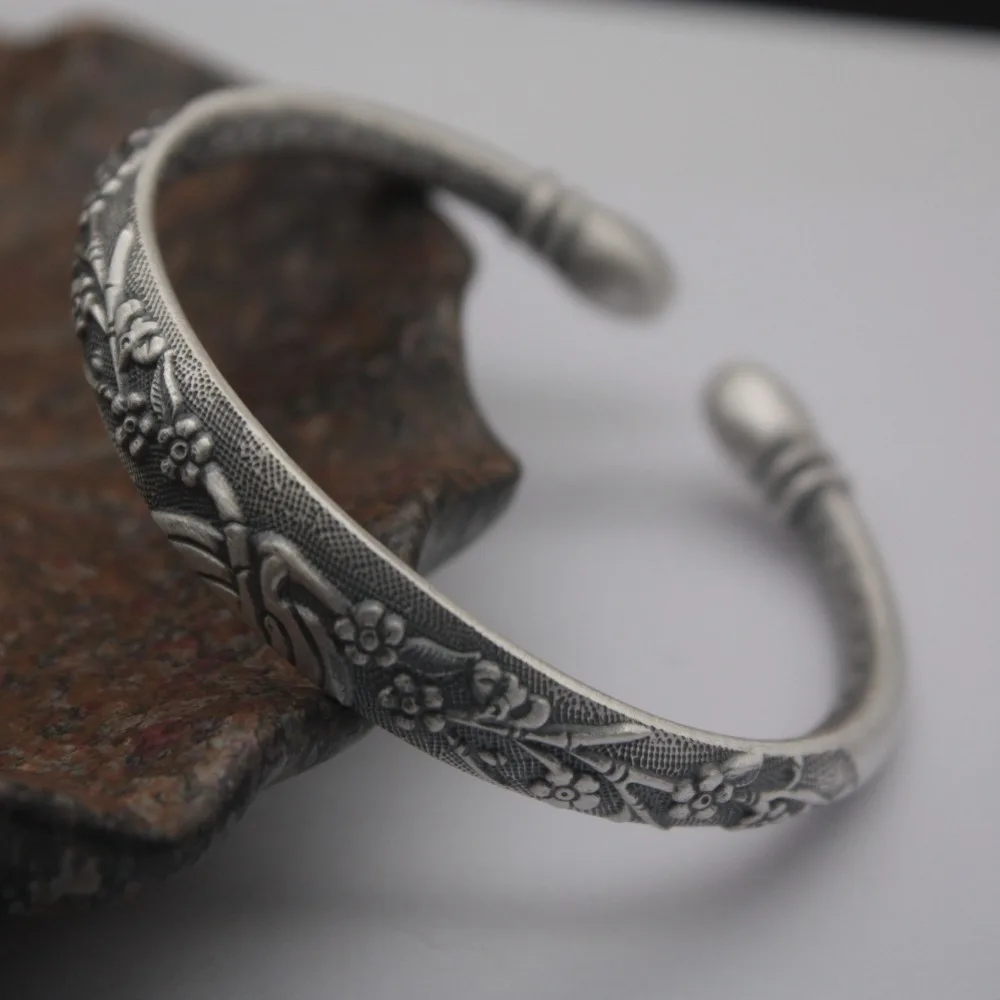 

Pure Sterling Silver S999 Bangles For Women Flower Craft Unique Best Gift Retro Lotus Chinese Six Sons Bangle 54-58mm Open