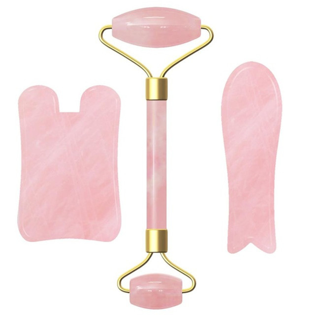 Natural Stone Jade Roller Facial Massager Portable Face Lift Tools Rose Quartz Face Roller Skin Care Gua Sha Set Tool