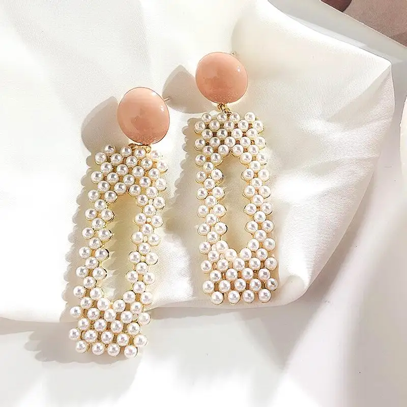 

Korean Simple Geometric Rectangle Drop Earrings For Women 2019 New Elegant White Beaded Hanging Earrings Jewelry Handmade