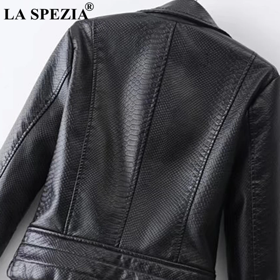 LA SPEZIA Leather Jacket Women Black Biker Jackets Female Zipper Pockets Motorcycle Punk Ladies Autumn Winter Classic Short Coat
