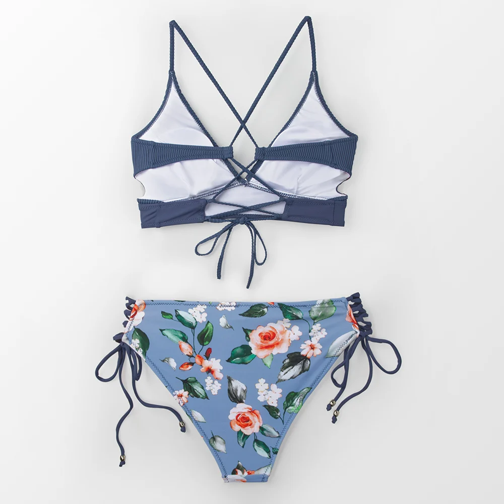 HTB1GM.ZQ6DpK1RjSZFrq6y78VXaz CUPSHE Sexy Blue And Floral Lace-Up Bikini Sets Women Boho V-neck Two Pieces Swimsuits 2019 Girl Beach Bathing Suit Swimwear