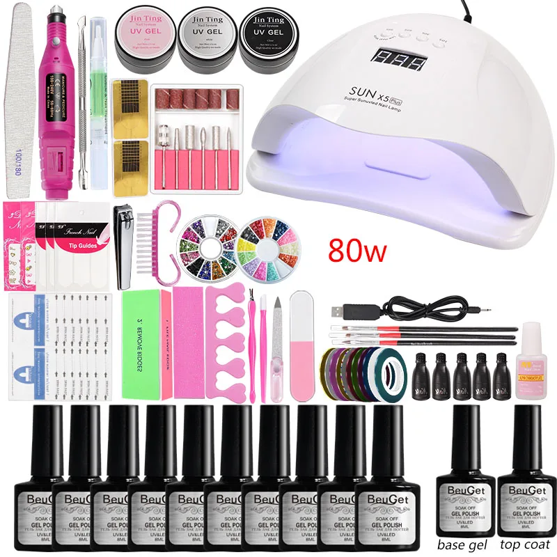 

Manicure Set Gel Nail Polish Kit 36w/48w/80w Led Uv Lamp Dry 10 Color Gel Acrylic Kit Professional Nail Art Tool Polish Kit