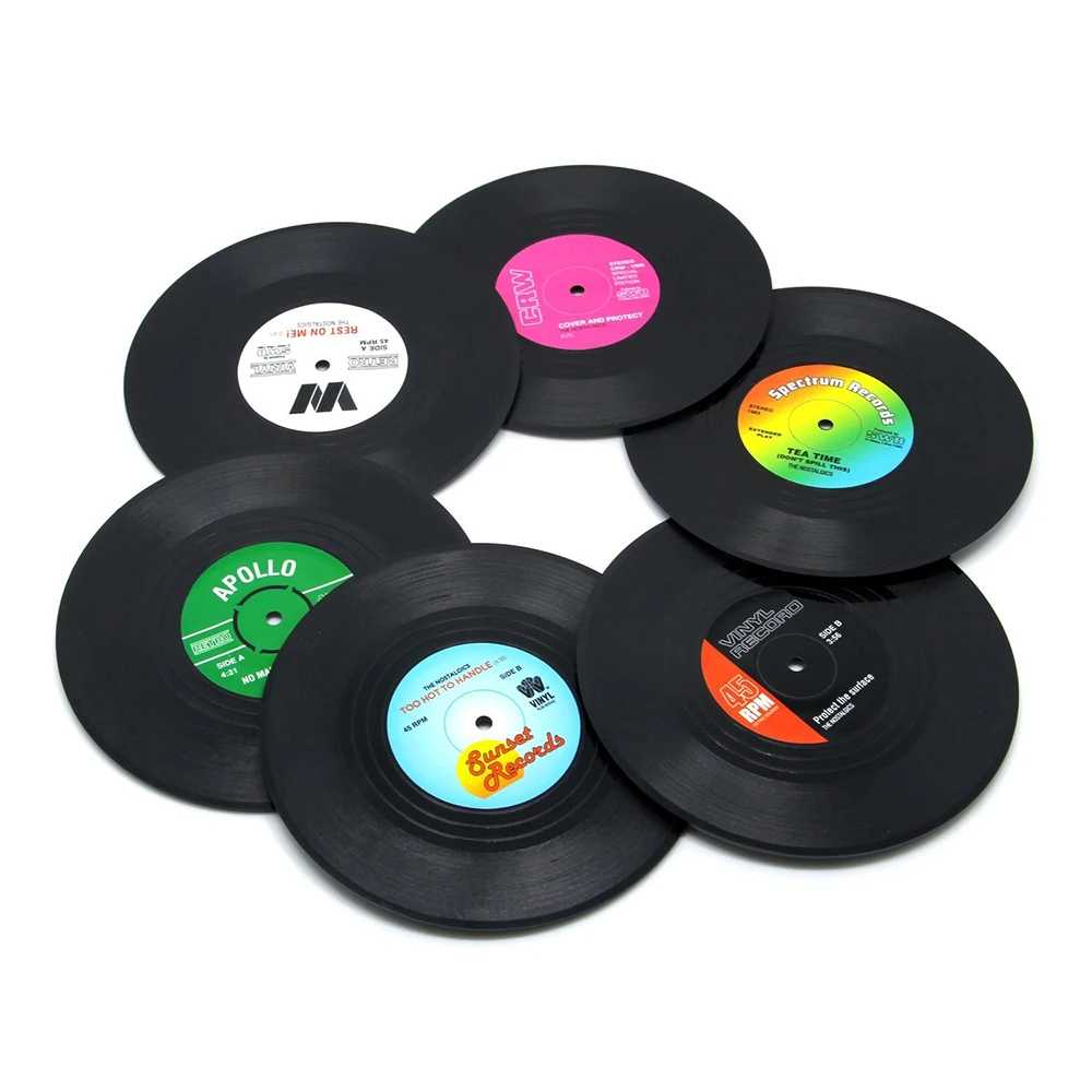 Retro Record Disc Design Drink Vinyl Coasters Non-slip Cup Bottle Mats 6PCS
