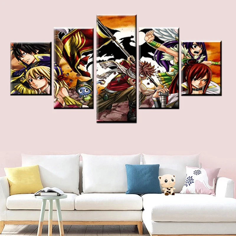 

High quality canvas print 5 panel fairy tail anime decorative picture for modern children's room wall art poster