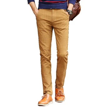 

spring autumn men casual pants stretch cotton and linen plaid trousers youth mens long Straight slim plus size suit pants khaki