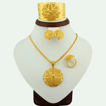 

JH New Ethiopia Flower Hat Big Size Jewelry Set Gold Color Ethiopia African Brand Wedding Bride Jewelry Sets For Women Gifts