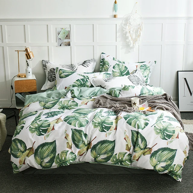 2018 Green Leaves Print Bedding Set Cotton Duvet Cover Set Flat Sheet Fitted Sheet Twin Double