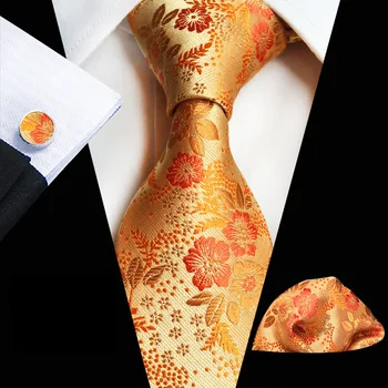 

High Quality New Hot Mens Silk Ties Gold Ties Sets Tie Hanky Cufflinks Sets Jacquard Woven Single Necktie Business Wedding Tie