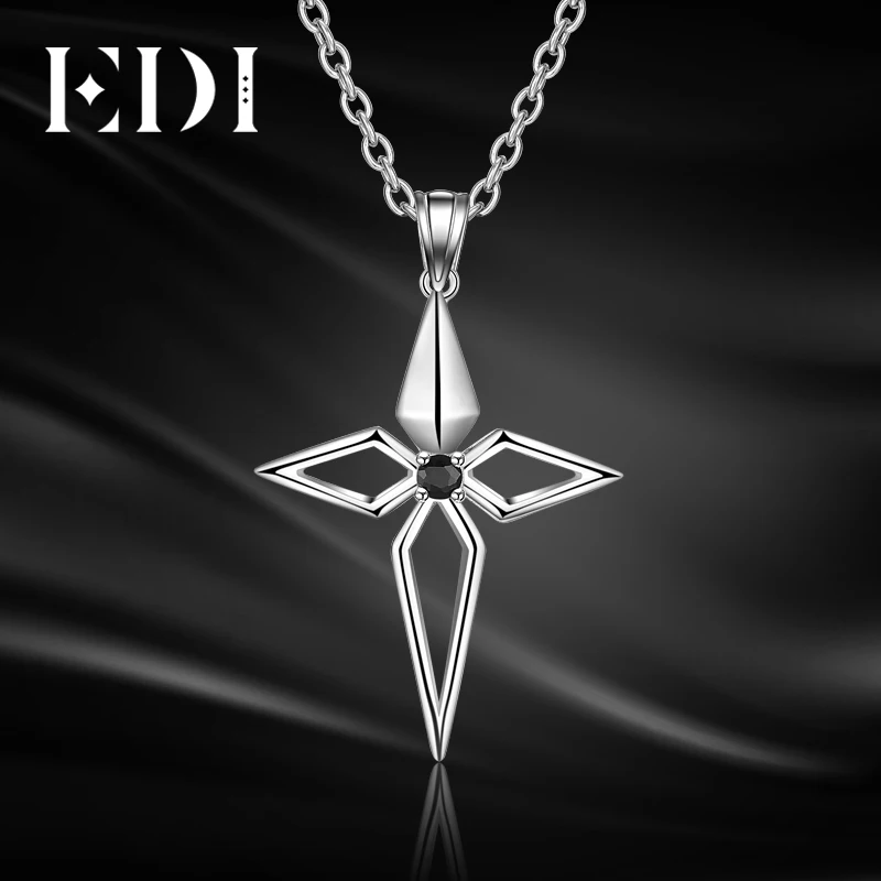 EDI Genuine Cross Natural Black Sapphire Gemstone 925 Sterling Silver Female Pendant