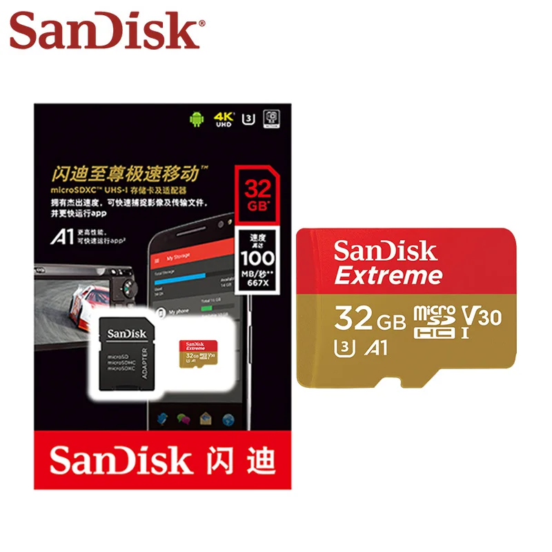 Двойной Флеш-накопитель SanDisk Extreme Micro SD карта, 32 ГБ, A1 microSDHC V30 U3 100 МБ/с. TF карты UHS-I флэш-Поддержка карт памяти 4K HD видео смартфон