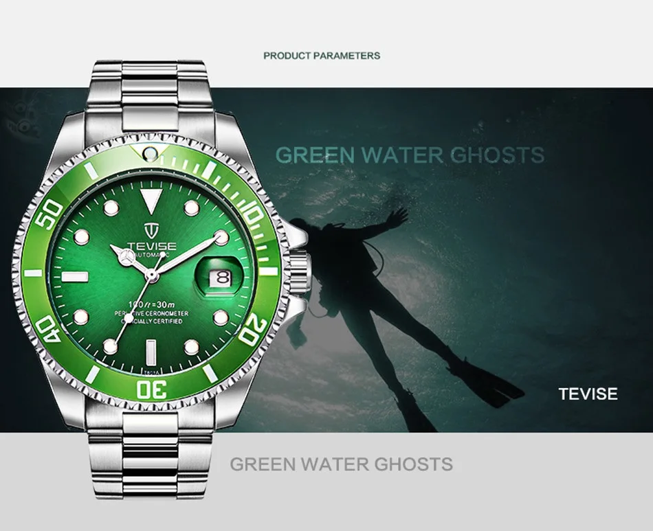 TEVISE Green Watch Men Automatic Mechanical Anti-Scratch Rotatable Outer Ring Waterproof Luminous Mens Watches Top Brand Luxury most accurate mechanical watch