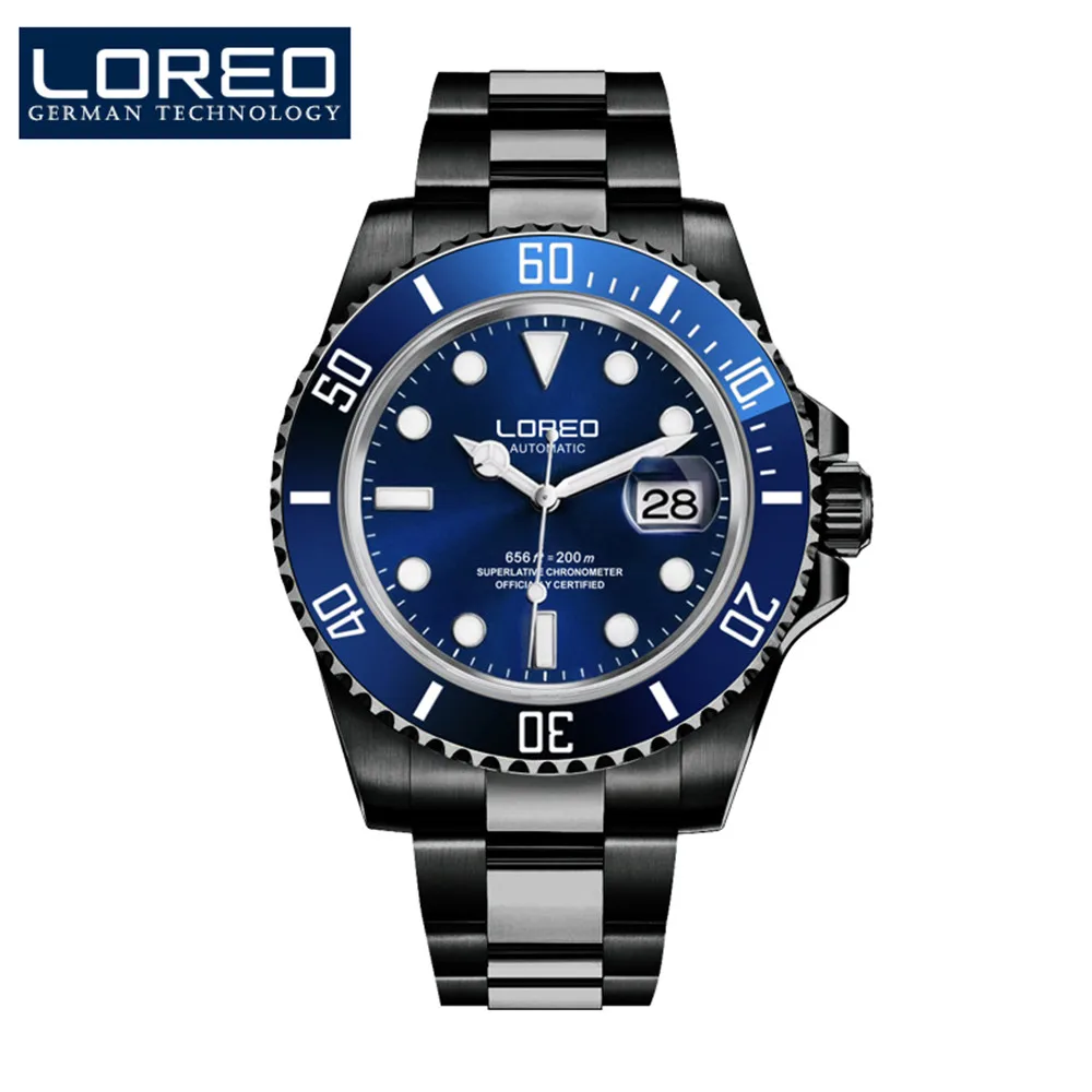 Stainless steel 08 LOREO автоматические механические часы для ныряльщиков спортивные 200 м Роскошные Брендовые мужские часы деловые наручные часы Мужские часы Relogio Masculino - Цвет: Stainless steel 08