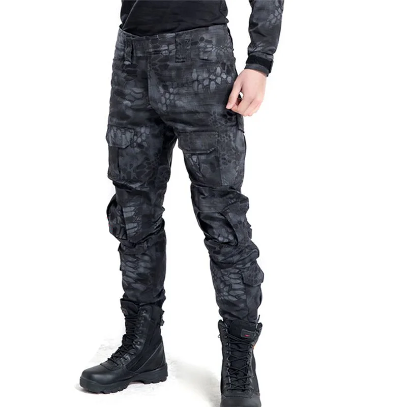 Мужские тактические камуфляжные штаны Военные спецназ страйкбол Пейнтбол брюки карго Униформа армейский бой много карманов камуфляж брюки карго - Color: Black python