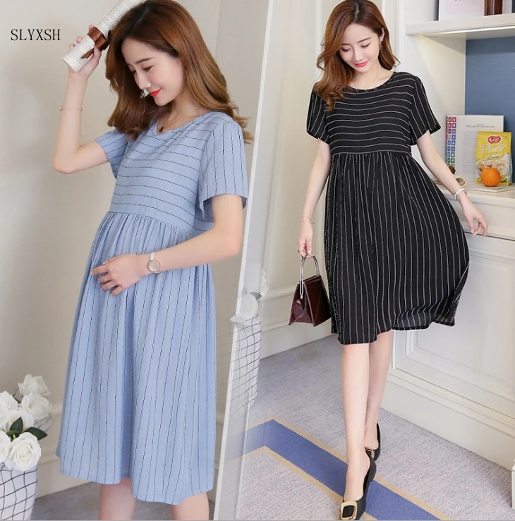 

SLYXSH Maternity wear summer new chiffon maternity dress Fashion stripe long paragraph loose large size maternity dress
