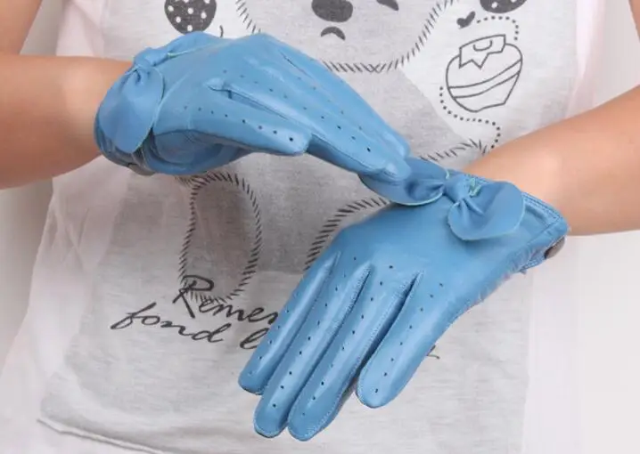 light blue Для женщин из натуральной овчины кожаная перчатки для стрельбы из лука женский натуральная кожа в стиле хип-хоп модные короткие водительские перчатки R1175 - Цвет: light blue