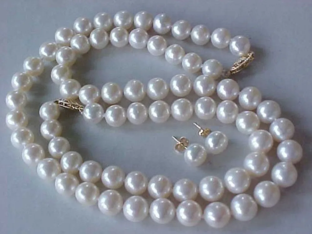 

free shipping 9-10MM AAA GENUINE WHITE AKOYA PEARL NECKLACE BRACELET & EARRINGS SET^^^@^Noble style