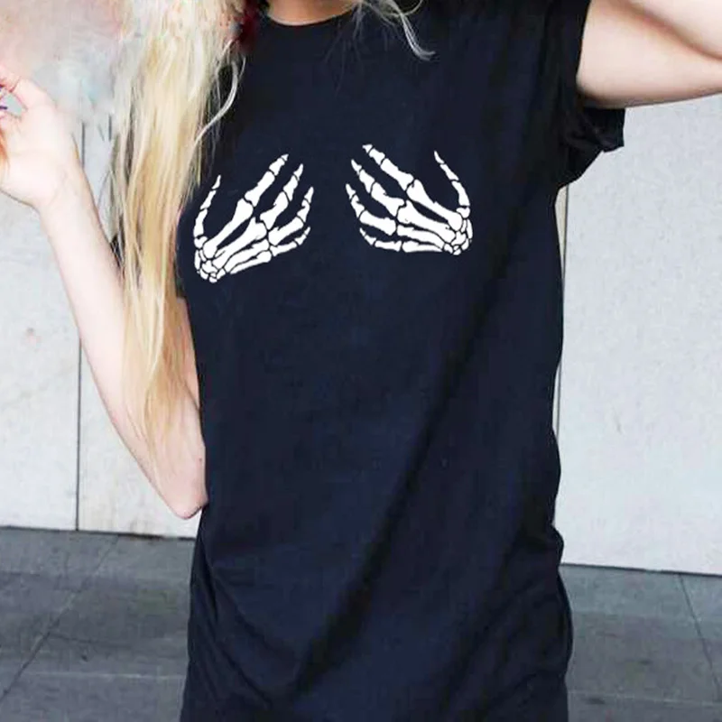 

Summer Plus Size 4XL T Shirt Women Skeleton Hand Printed Tee Shirt Femme Girls Camiseta Mujer Tops Funny Halloween White T Shirt