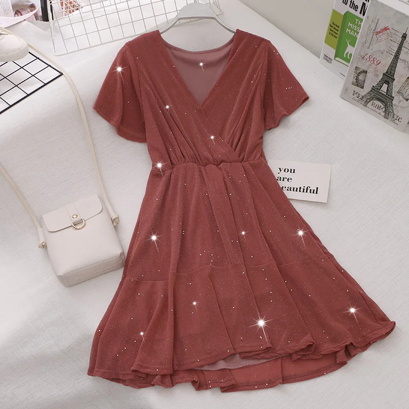 

Women Summer V-neck Short Sleeve Bling Sequined Backless Ruffles Dress New Casual Bandage Strap Pullover Elastic Slim Mini Dress