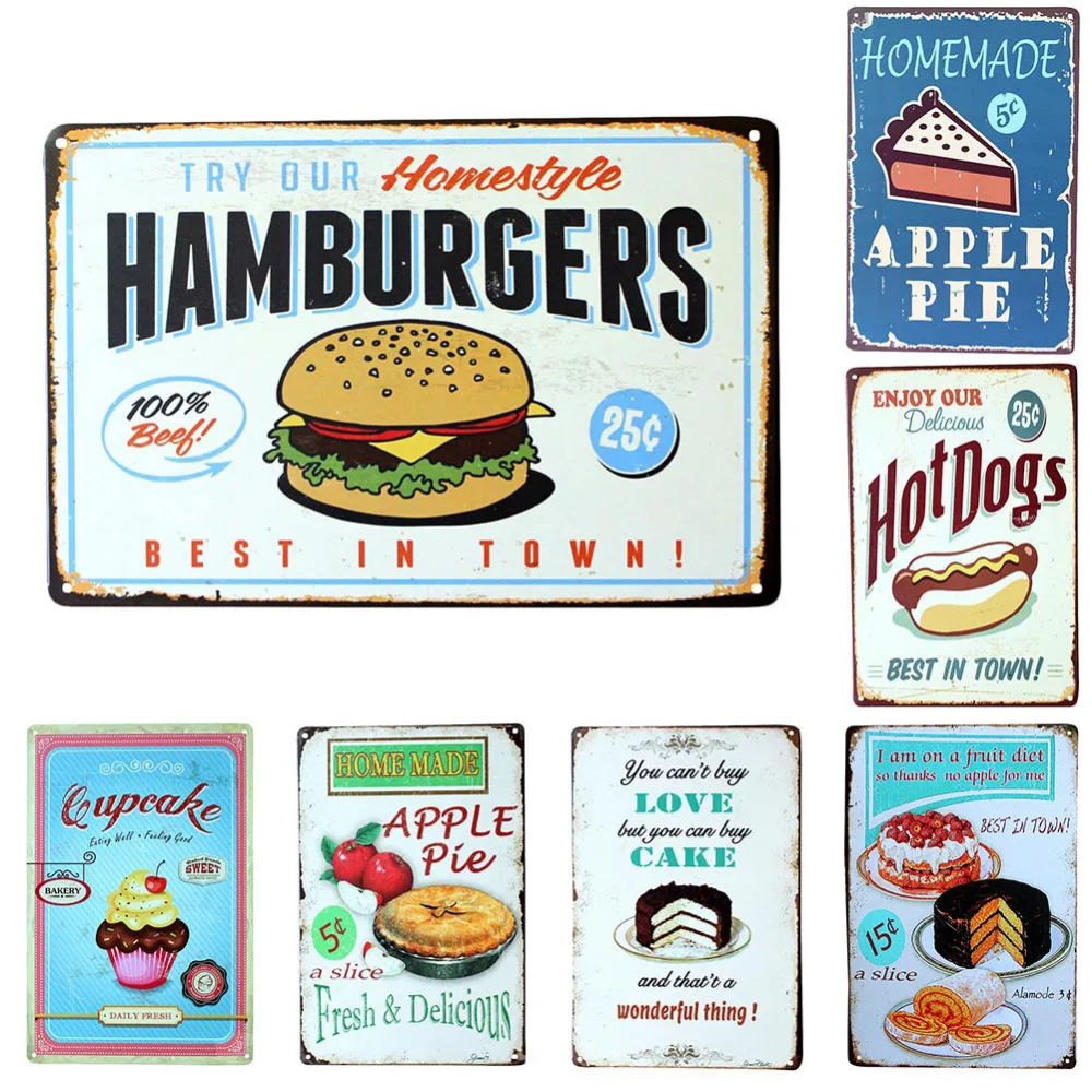

Cake Dessert Hamburger Retro 3d Stereoscopic Iron Sheet Wall Sticker Background Bar Tin Sign Wall Covering Wall Sticker Tin Sign