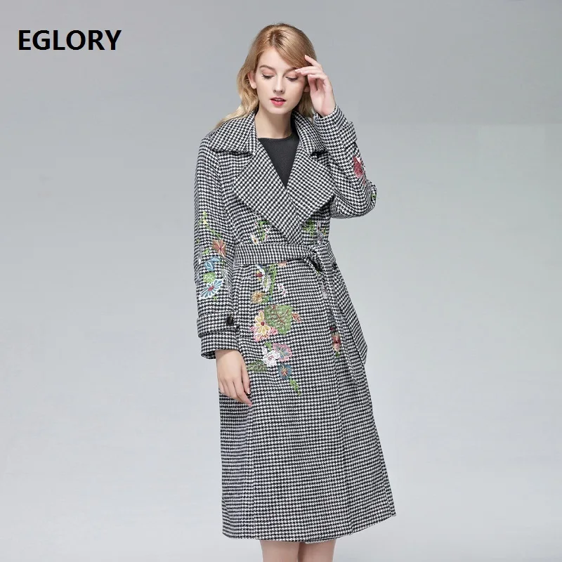 

Top Quality New England Style Long Wool Coat Winter 2018 Women Vintage Embroidery Plaid Wool & Blend Outerwear Coat Grey Coffee