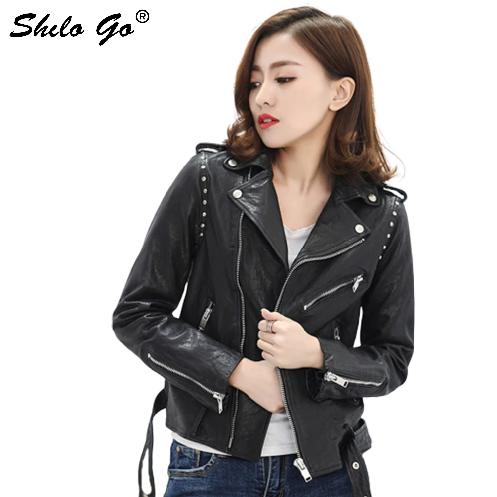 SHILO GO Leather Jacket Womens Spring Fashion sheepskin genuine leather Coat lapel collar Rivet shoulder locomotive Jacket