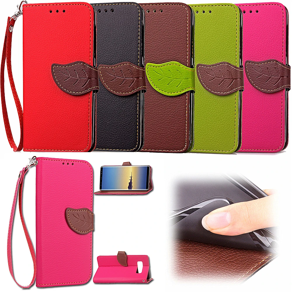 

Shockproof Case New Leaf Design Magnet closure silicone TPU Wallet flip Stand Phone Case with Wristlet Strap For Samsung Note8