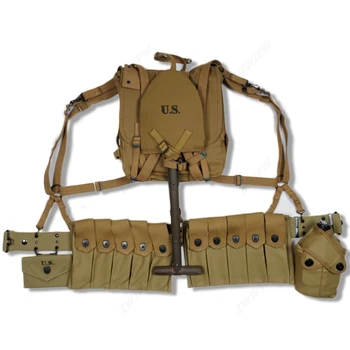 

WWII WW2 US ARMY EQUIPMENT CONBINATION USMC UPPER BACKPACK WITH STRAPS T-TYPE SPADE FIVE CELL POUCH AND USMC KETTLE military