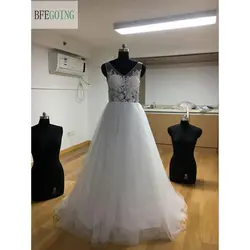 Белое Кружевное Тюлевое платье длиной до пола с v-образным вырезом А-силуэт свадебное платье/кисточка с коротким шлейфом без рукавов