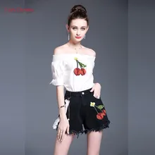 Fairy Dreams 2 Piece Set For Women White Shirt Top And Black Denim Short 2017 New Style Summer Jeans Suit Fashion Casual Clothes