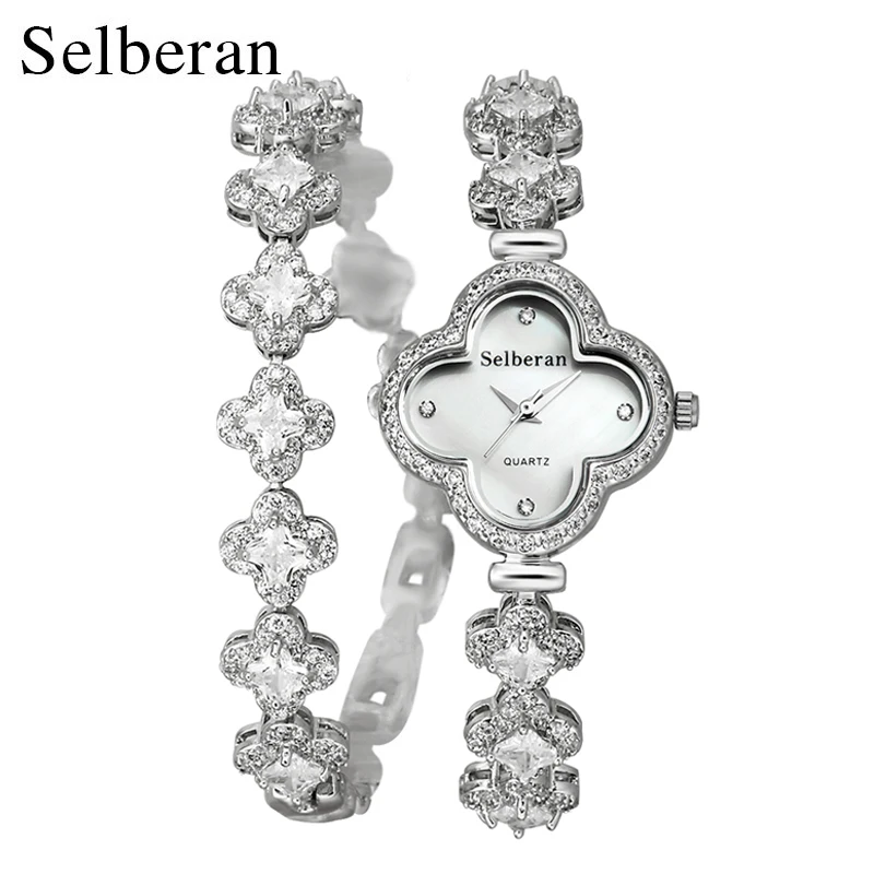 

Selberan Luxury Brand Ladies Bracelet Watch Zircon&Crystal Wristwatches for Women Watches Flowers Silver Woman Waterproof Watch