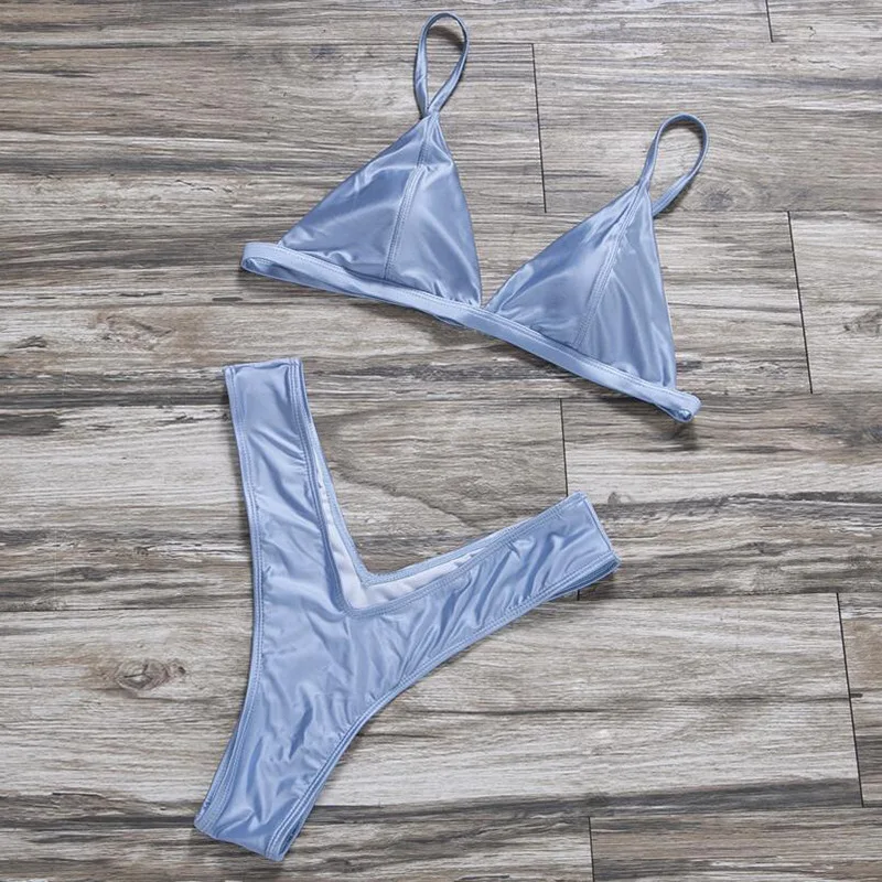 

Sexy Shiny Bikini 2018 Bling Swimsuit High cut Bikinis Women V bottoms Cheeky bikini set Thong Swimwear Push Up Bathing suit