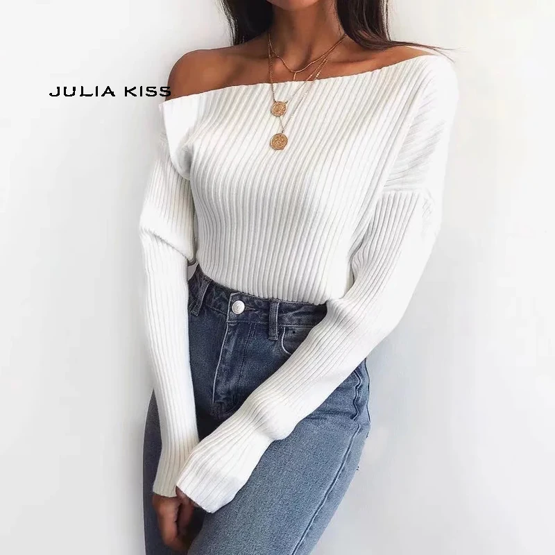

Women One Shoulder Ribbed Jumper Sexy Knit Pullover