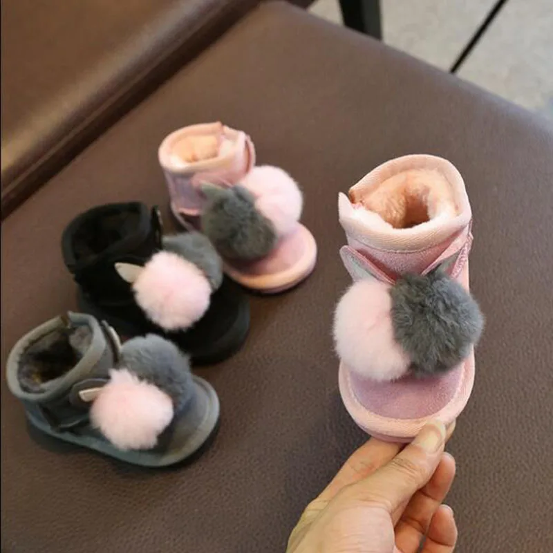 Cheap Genuine Leather Baby Snow Boots Girls Plus Velvet Thick Winter Boots Rex Rabbit Fur ball Decoration Children Boots