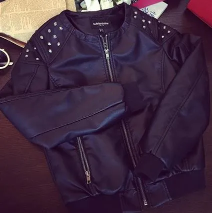 

new Rivet PU leather shorts coat women Motorcycle jacket round neck spring and summer