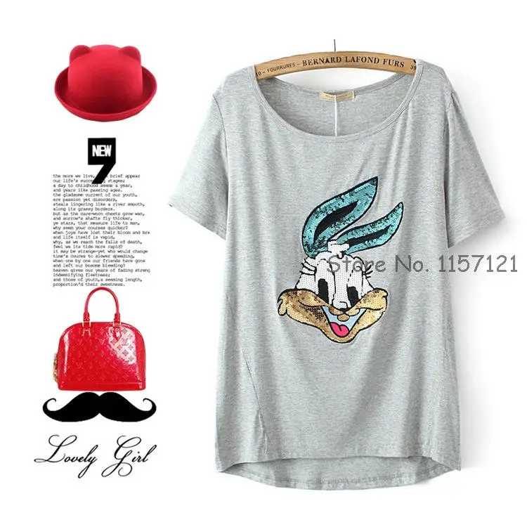 popular European fashion summer short cut T shirt brand in front sequins Bugs bunny Rabbit T-shirt women's | Женская одежда