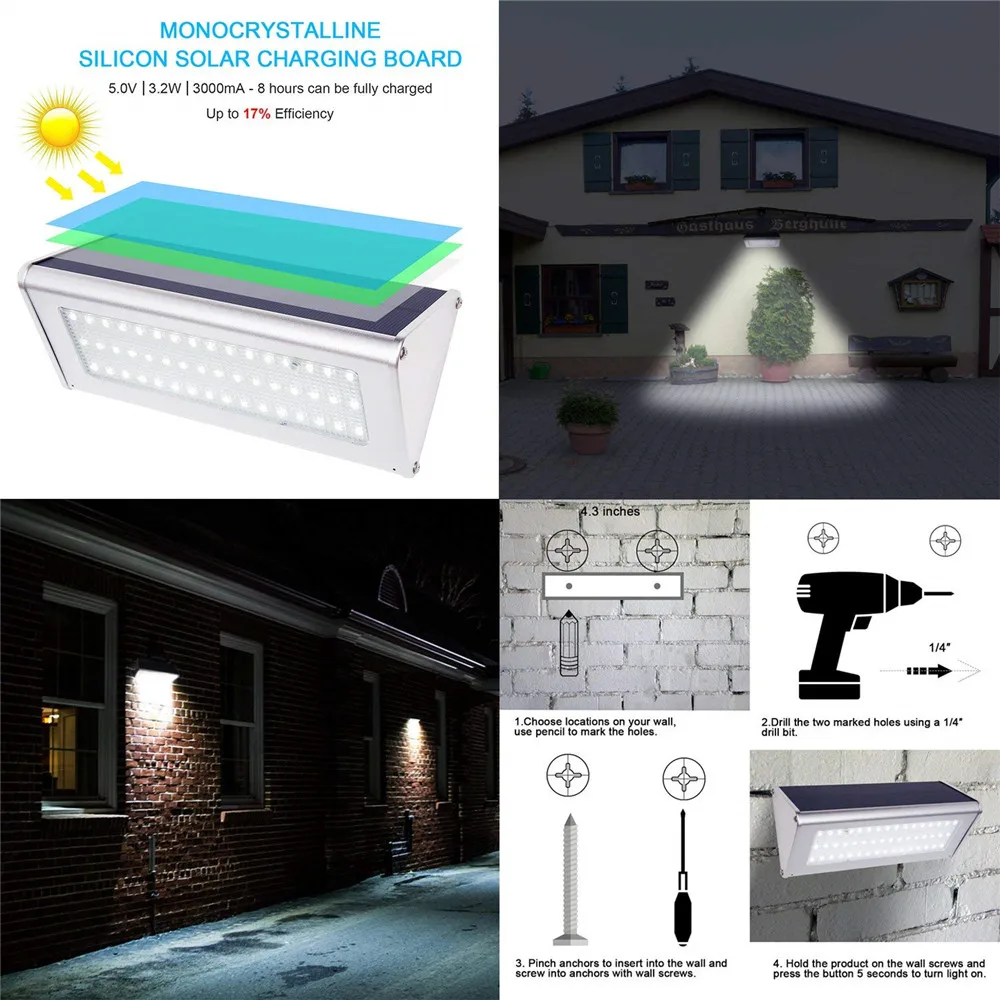 Sensor de Movimento Parede ao ar Iluminação à Prova Alto Brilho Radar Leds 700lm Alumínio Solar Lâmpada Jardim Casa Luz Livre Lâmpadas Dwaterproof Água 48 6 Lâmpadas solares