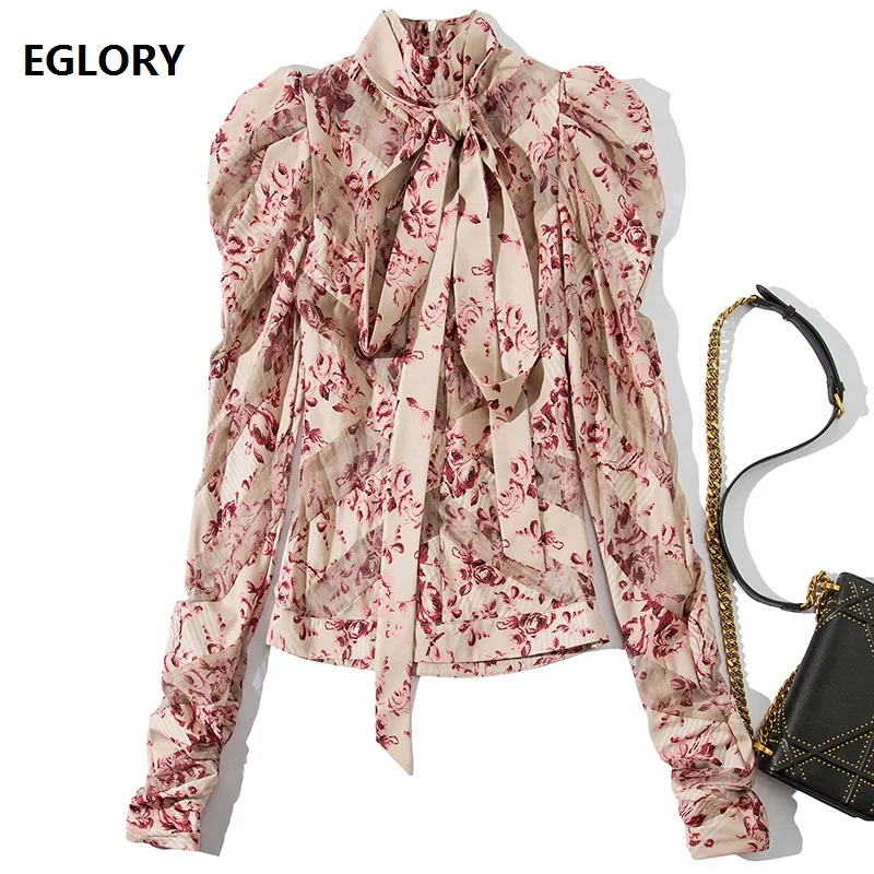 

Bow Tie Elegant Blouses 2019 Spring Autumn Fashion Pink Shirt Women Puff Sleeve Sweet Floral Print Tops Shirt Blusa Feminino
