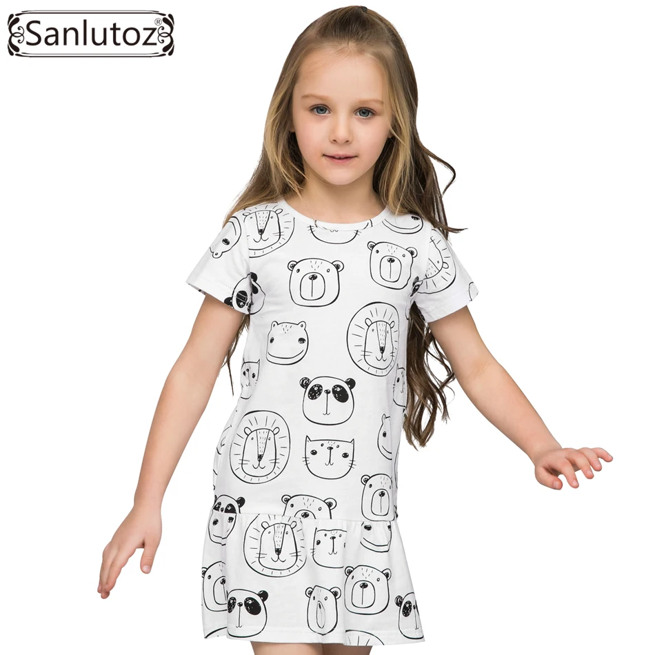 Sanlutoz-robe d'été en coton pour filles | Tenue de fête princesse, motif Panda animaux de dessin animé, vêtements mignons de marque pour enfants