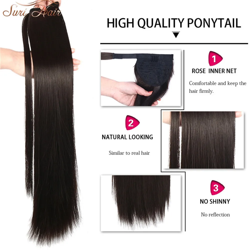 Suri Hair 24'' Long Silky Straight Ponytails Clip In Synthetic Pony Tail Heat Resistant Fake Hair Extension wrap round hairpiece