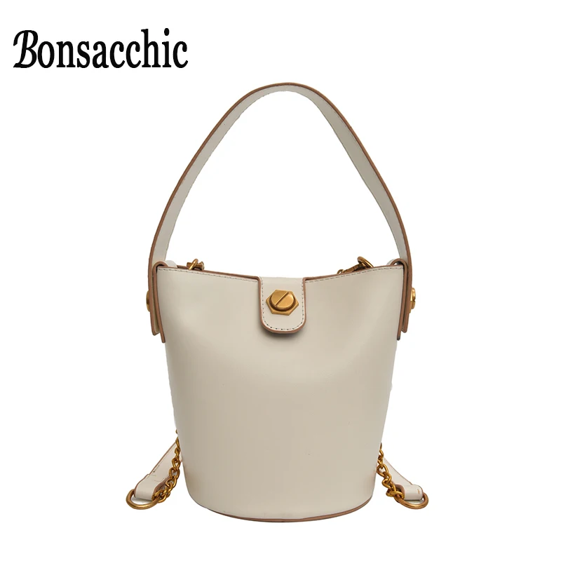 

Bonsacchic Beige Bucket Bags Women Small Handbag PU Ladies Hand Bag Bolsos Mujer de Marca Famosa 2019 Wide Strap Crossbody Bags
